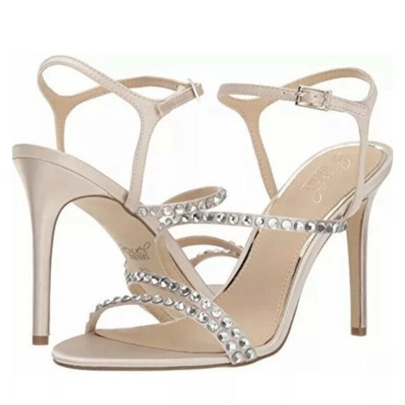 Jewel Badgley Mischka Marimba Crystal Strap Sandal Heels Satin Size 7.5 Bling - Picture 13 of 13